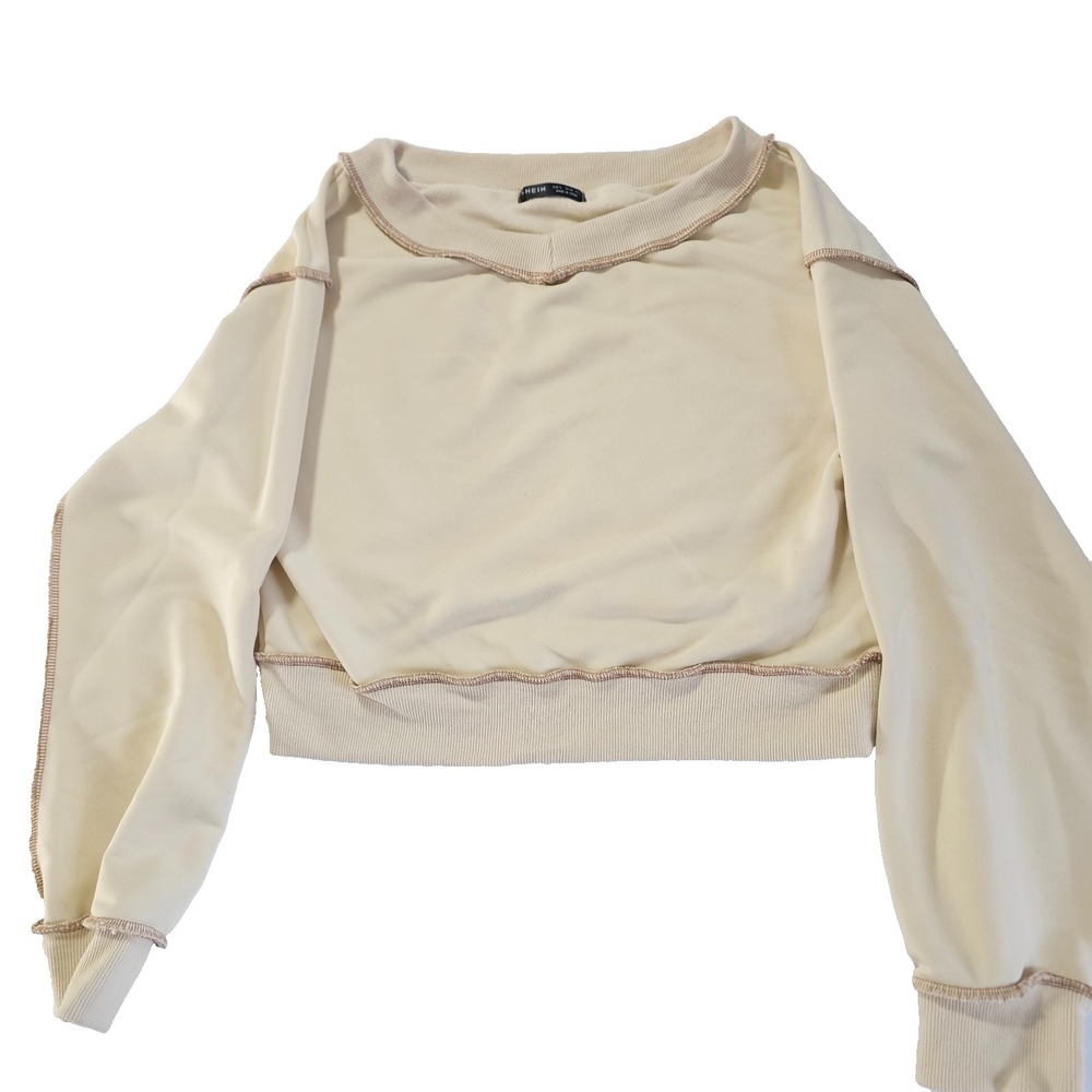 SHEIN Womens Cream Cropped Sweatshirt Small Long Sleeve Exposed Seam Pullover